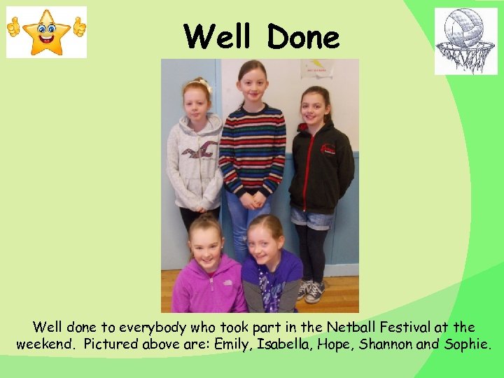 Well Done Well done to everybody who took part in the Netball Festival at