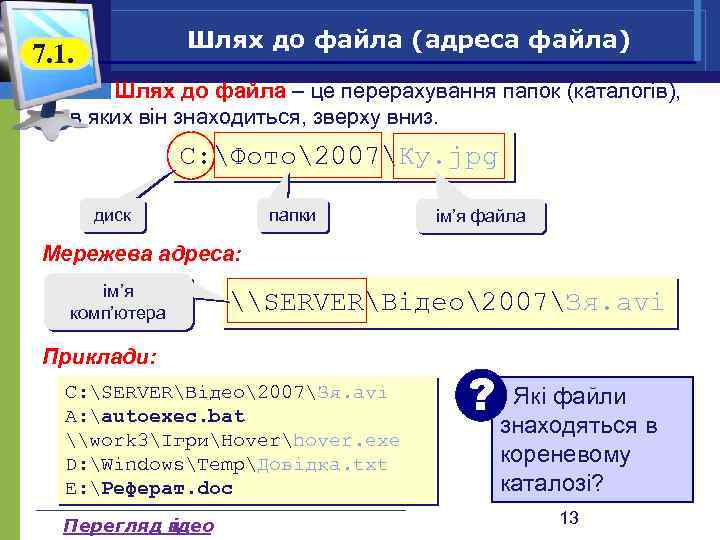Шлях до файла (адреса файла) 7. 1. Шлях до файла – це перерахування папок