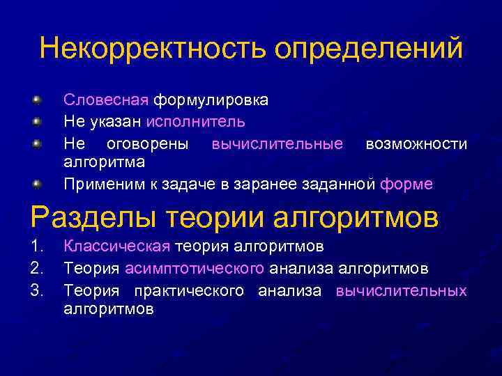 Некорректность определений Словесная формулировка Не указан исполнитель Не оговорены вычислительные возможности алгоритма Применим к