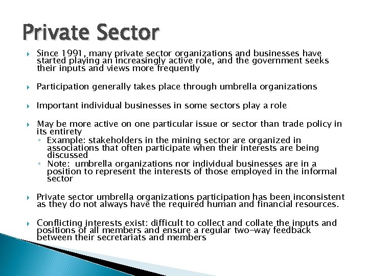 Private Sector Since 1991, many private sector organizations and businesses have started playing an