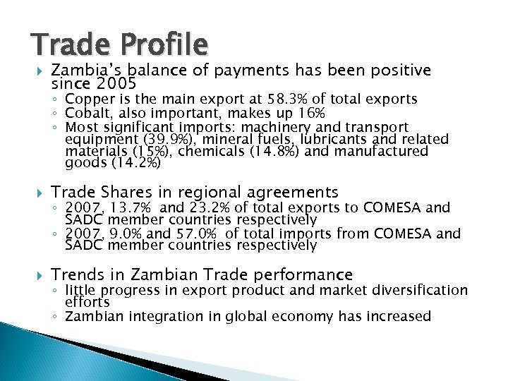 Trade Profile Zambia’s balance of payments has been positive since 2005 ◦ Copper is