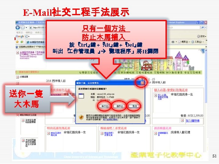 E-Mail社交 程手法展示 只有一個方法 防止木馬植入 按 『 』 +『 』 Ctrl 鍵 Alt 鍵 Del