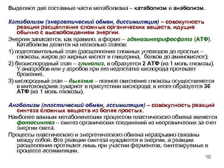 Выделяют две составные части метаболизма – катаболизм и анаболизм. Катаболизм (энергетический обмен, диссимиляция) –