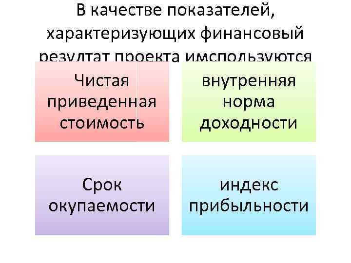 В качестве показателей, характеризующих финансовый резултат проекта имспользуются Чистая внутренняя приведенная норма стоимость доходности