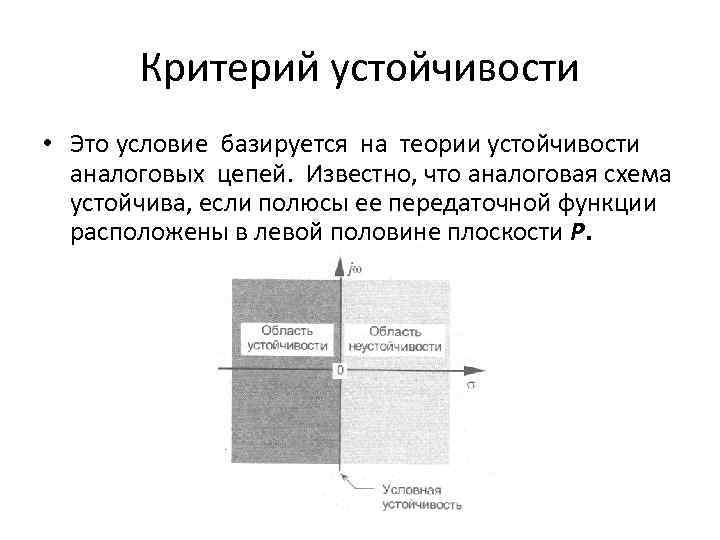 Критерий устойчивости • Это условие базируется на теории устойчивости аналоговых цепей. Известно, что аналоговая