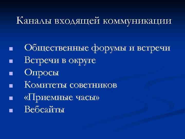 Каналы входящей коммуникации ■ ■ ■ Общественные форумы и встречи Встречи в округе Опросы