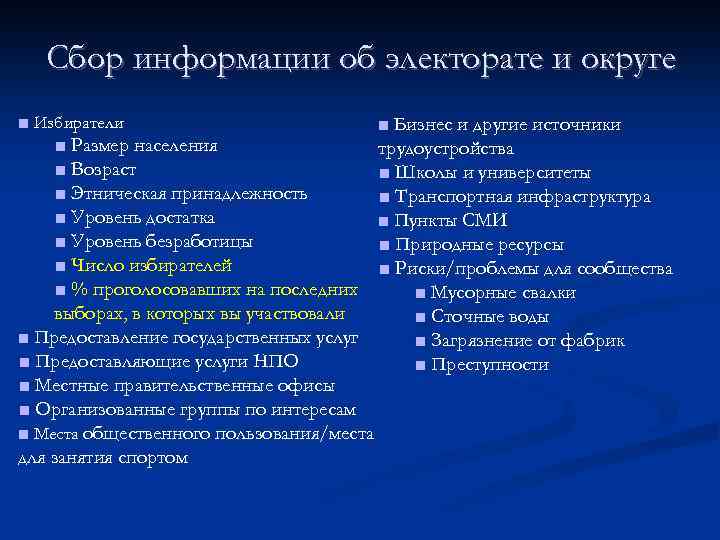 Сбор информации об электорате и округе ■ Избиратели ■ Бизнес и другие источники ■