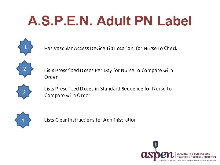 A. S. P. E. N. Adult PN Label 1 Has Vascular Access Device Tip