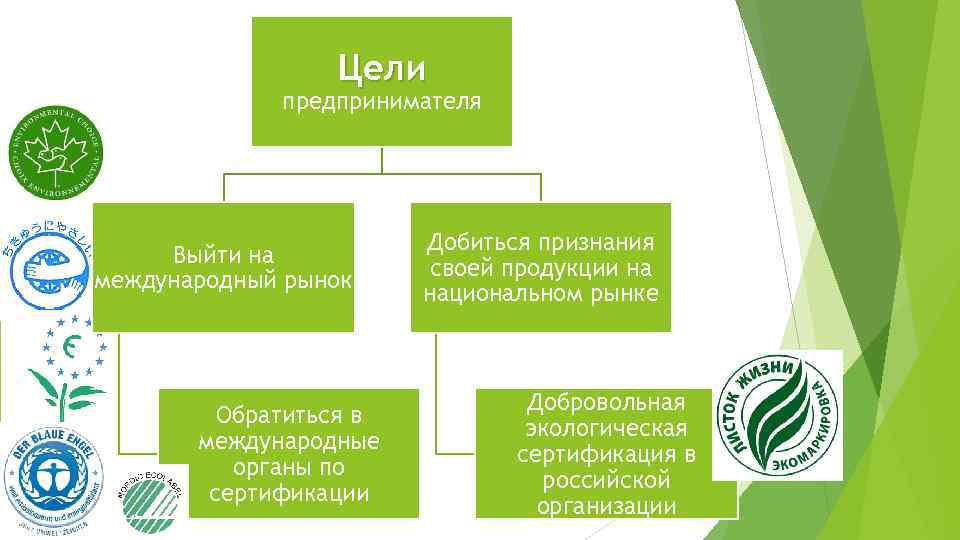 Цели предпринимателя Выйти на международный рынок Обратиться в международные органы по сертификации Добиться признания
