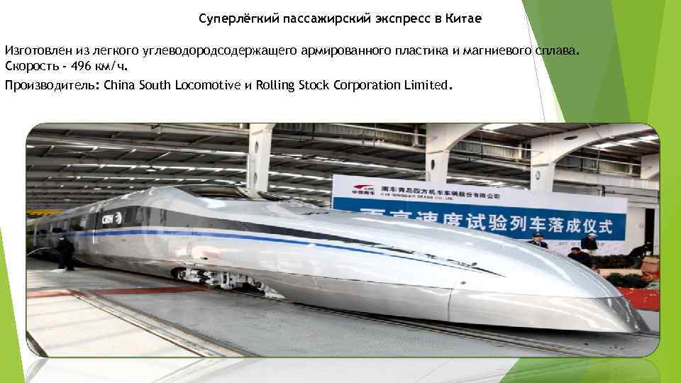 Суперлёгкий пассажирский экспресс в Китае Изготовлен из легкого углеводородсодержащего армированного пластика и магниевого сплава.