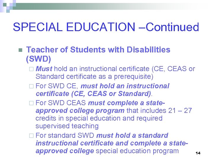 SPECIAL EDUCATION –Continued n Teacher of Students with Disabilities (SWD) ¨ Must hold an