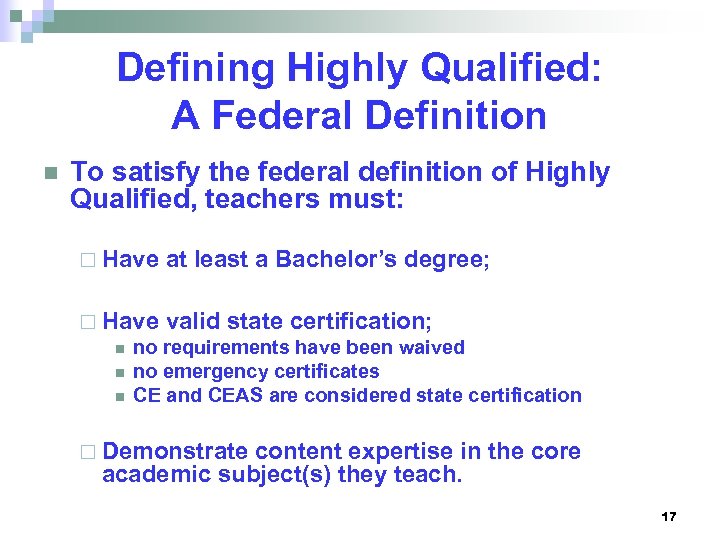 Defining Highly Qualified: A Federal Definition n To satisfy the federal definition of Highly