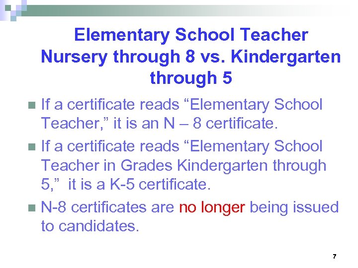 Elementary School Teacher Nursery through 8 vs. Kindergarten through 5 If a certificate reads