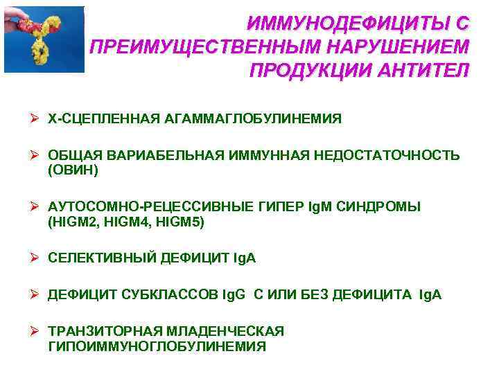 ИММУНОДЕФИЦИТЫ С ПРЕИМУЩЕСТВЕННЫМ НАРУШЕНИЕМ ПРОДУКЦИИ АНТИТЕЛ Ø Х-СЦЕПЛЕННАЯ АГАММАГЛОБУЛИНЕМИЯ Ø ОБЩАЯ ВАРИАБЕЛЬНАЯ ИММУННАЯ НЕДОСТАТОЧНОСТЬ