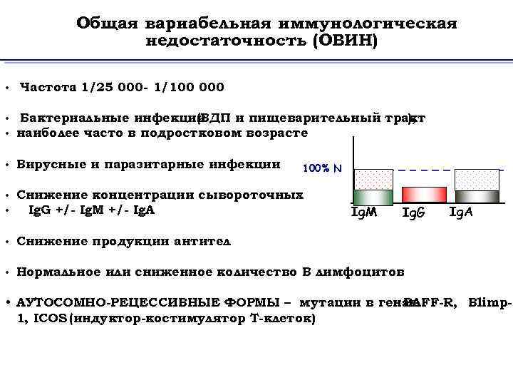 Общая вариабельная иммунологическая недостаточность (ОВИН) • Частота 1/25 000 - 1/100 000 : •