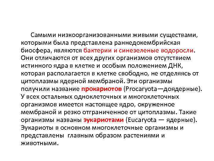  Самыми низкоорганизованными живыми существами, которыми была представлена раннедокембрийская биосфера, являются бактерии и синезеленые