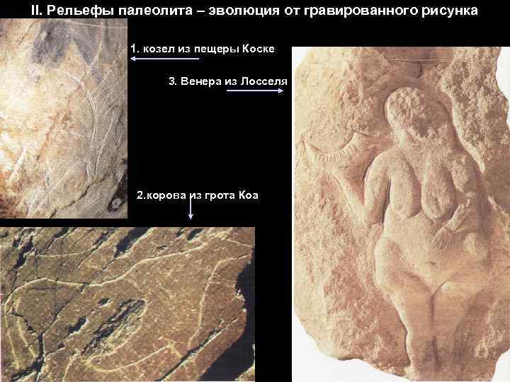 II. Рельефы палеолита – эволюция от гравированного рисунка 1. козел из пещеры Коске 3.