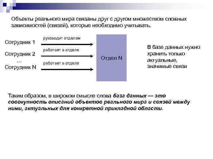 Объекты реального мира связаны друг с другом множеством сложных зависимостей (связей), которые необходимо учитывать.