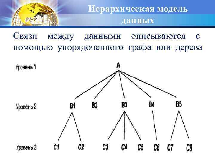 Иерархическая модель данных Связи между данными описываются с помощью упорядоченного графа или дерева 