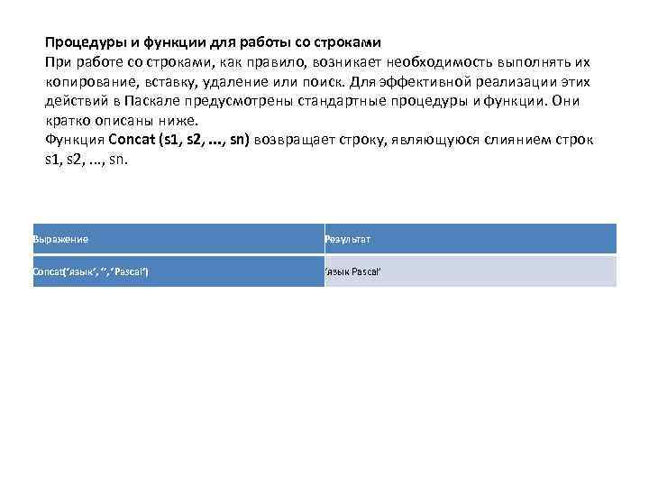 Процедуры и функции для работы со строками При работе со строками, как правило, возникает