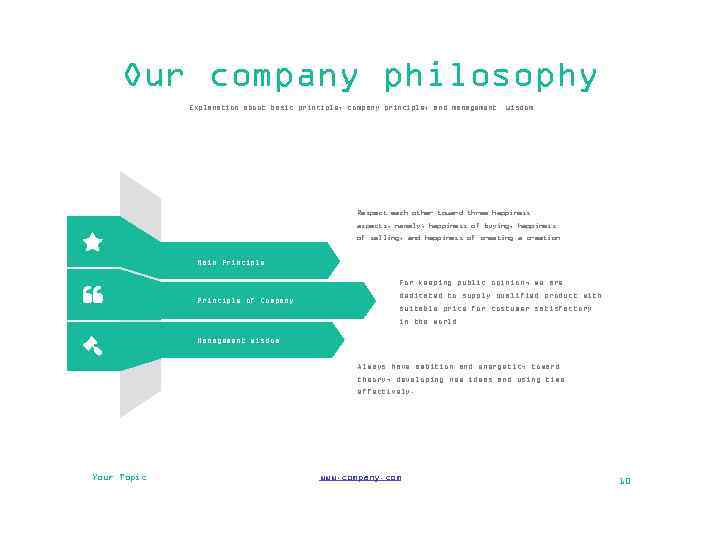 Our company philosophy Explanation about basic principle, company principle, and management wisdom Respect each