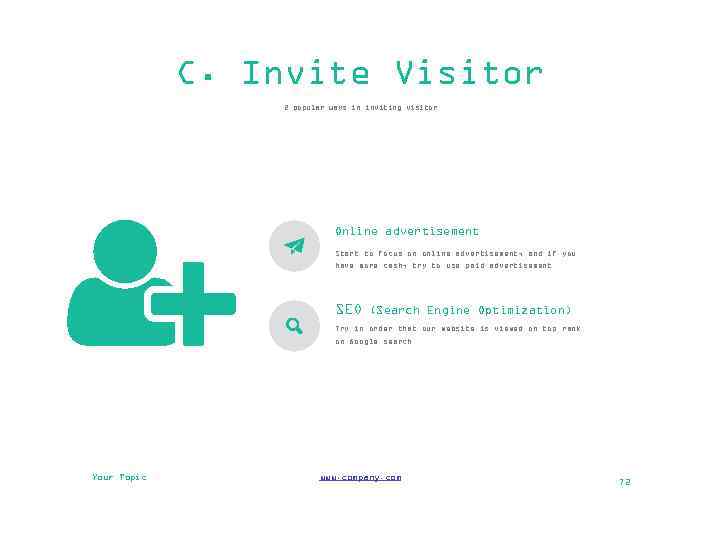 C. Invite Visitor 2 popular ways in inviting visitor Online advertisement Start to focus