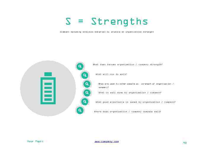 S = Strengths Element becoming analysis material to produce an organization strength What does