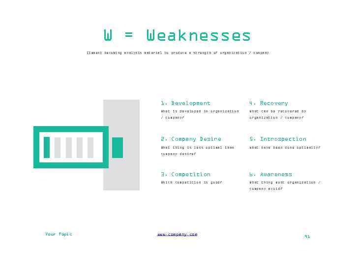 W = Weaknesses Element becoming analysis material to produce a strength of organization /