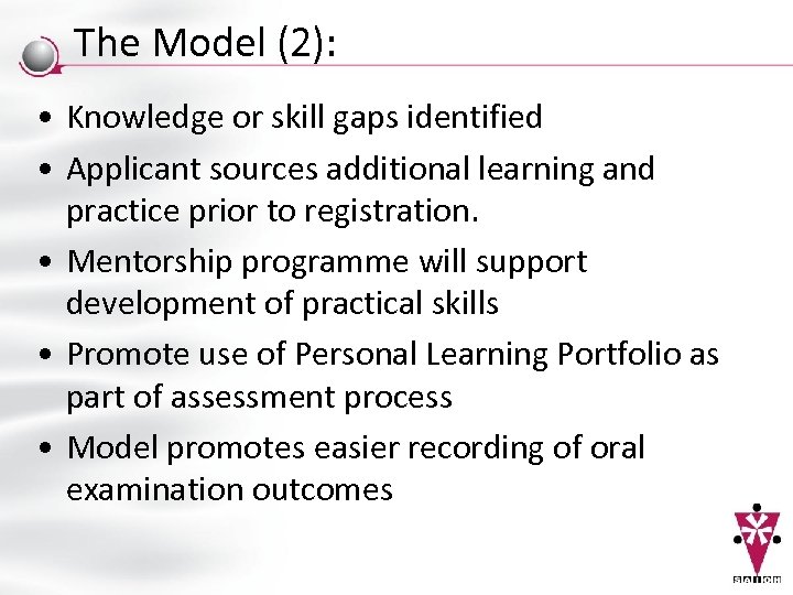 The Model (2): • Knowledge or skill gaps identified • Applicant sources additional learning