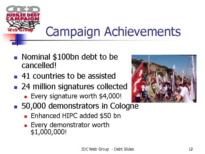 Campaign Achievements n n n Nominal $100 bn debt to be cancelled! 41 countries