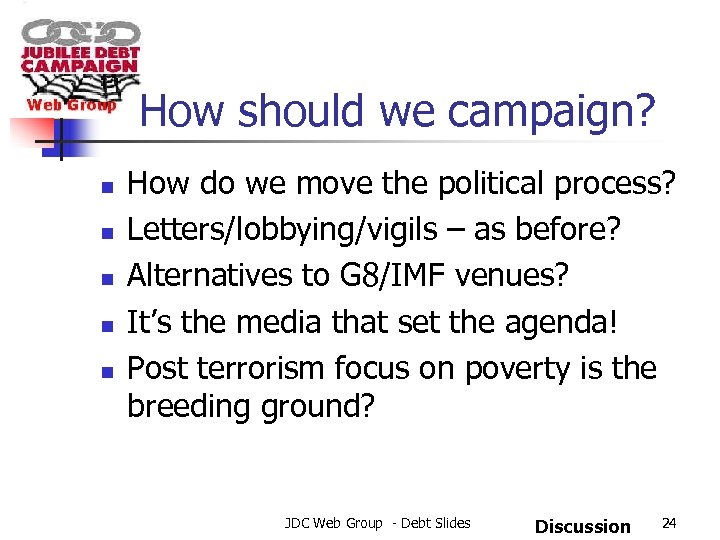 How should we campaign? n n n How do we move the political process?