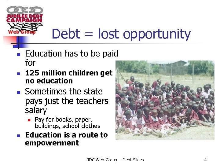 Debt = lost opportunity n n n Education has to be paid for 125