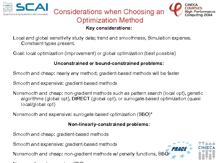 Considerations when Choosing an Optimization Method Key considerations: Local and global sensitivity study data;