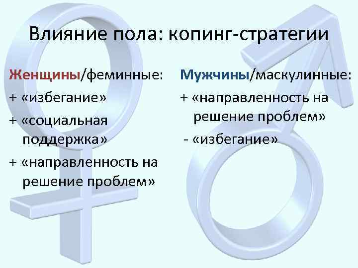 Влияние пола: копинг-стратегии Женщины/феминные: + «избегание» + «социальная поддержка» + «направленность на решение проблем»