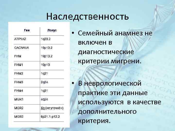 Наследственность • Семейный анамнез не включен в диагностические критерии мигрени. • В неврологической практике