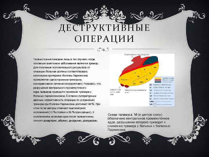 ДЕСТРУКТИВНЫЕ ОПЕРАЦИИ Таламотомия показана лишь в тех случаях, когда основным симптомом заболевания является тремор.