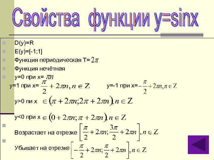 n n n D(y)=R E(y)=[-1; 1] Функция периодическая Т= Функция нечётная y=0 при x=