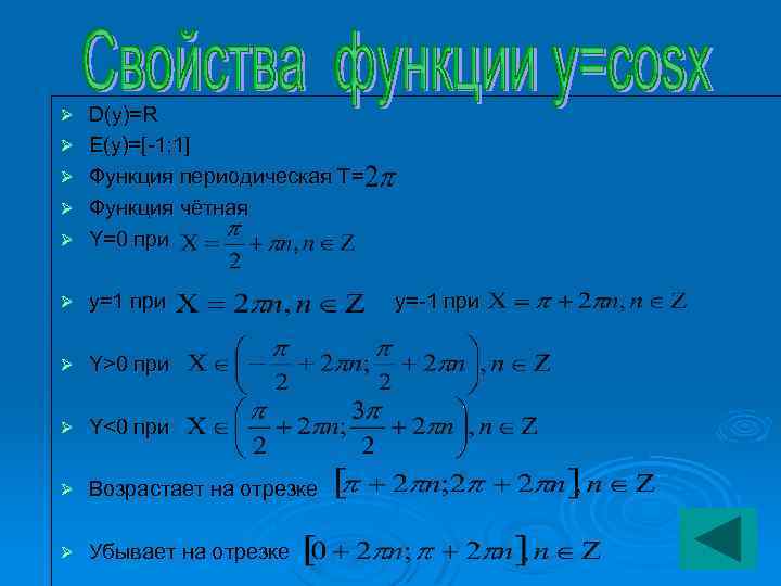 Ø D(y)=R E(y)=[-1; 1] Функция периодическая Т= Функция чётная Y=0 при Ø y=1 при