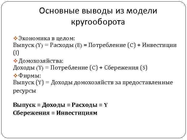 Основные выводы из модели кругооборота v Экономика в целом: Выпуск (Y) = Расходы (E)