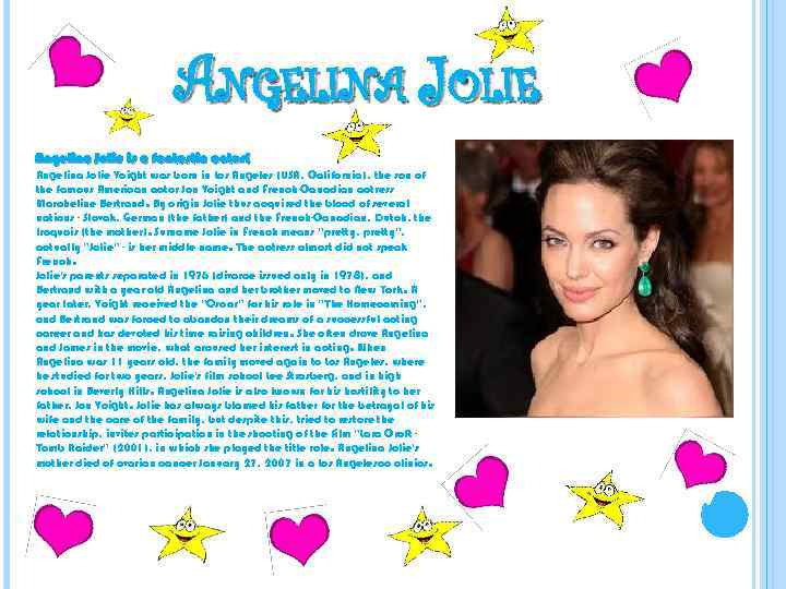 ANGELINA JOLIE Angelina Jolie is a fantastic actor! Angelina Jolie Voight was born in