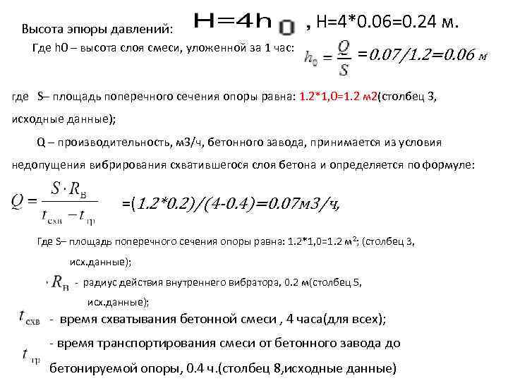 Высота эпюры давлений: Н=4*0. 06=0. 24 м. Где h 0 – высота слоя смеси,