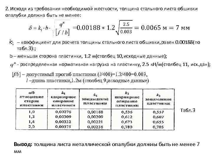 2. Исходя из требования необходимой жесткости, толщина стального листа обшивки опалубки должна быть не