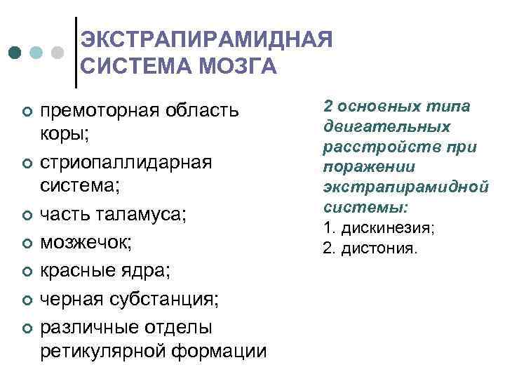 ЭКСТРАПИРАМИДНАЯ СИСТЕМА МОЗГА ¢ ¢ ¢ ¢ премоторная область коры; стриопаллидарная система; часть таламуса;