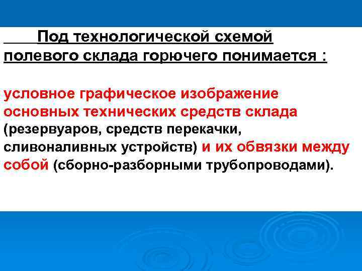  Под технологической схемой полевого склада горючего понимается : условное графическое изображение основных технических