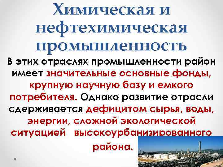 Химическая и нефтехимическая промышленность В этих отраслях промышленности район имеет значительные основные фонды, крупную