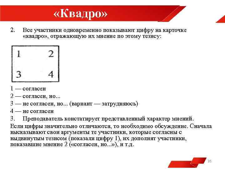  «Квадро» 2. Все участники одновременно показывают цифру на карточке «квадро» , отражающую их