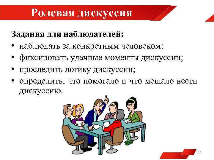 Ролевая дискуссия Задания для наблюдателей: • наблюдать за конкретным человеком; • фиксировать удачные моменты