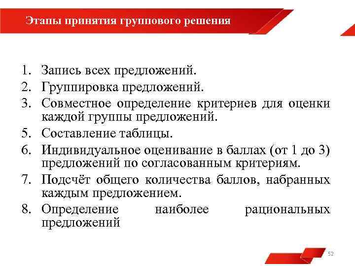 Этапы принятия группового решения 1. Запись всех предложений. 2. Группировка предложений. 3. Совместное определение