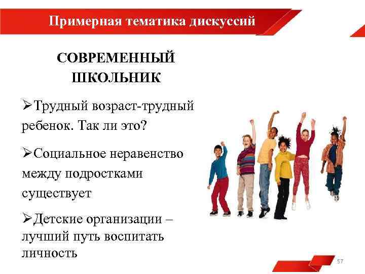 Примерная тематика дискуссий СОВРЕМЕННЫЙ ШКОЛЬНИК ØТрудный возраст-трудный ребенок. Так ли это? ØСоциальное неравенство между