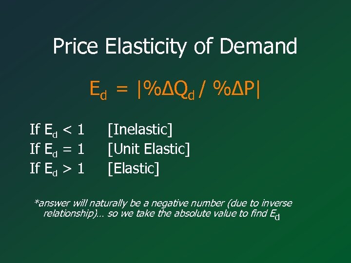 Price Elasticity of Demand Ed = |%∆Qd / %∆P| If Ed < 1 If